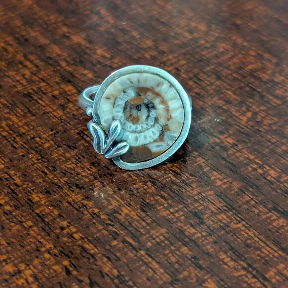 Nautilus Ring Sterling Silver Fossil Ammonite Shell Leaf Boho Unique Vintage - Picture 3 of 8